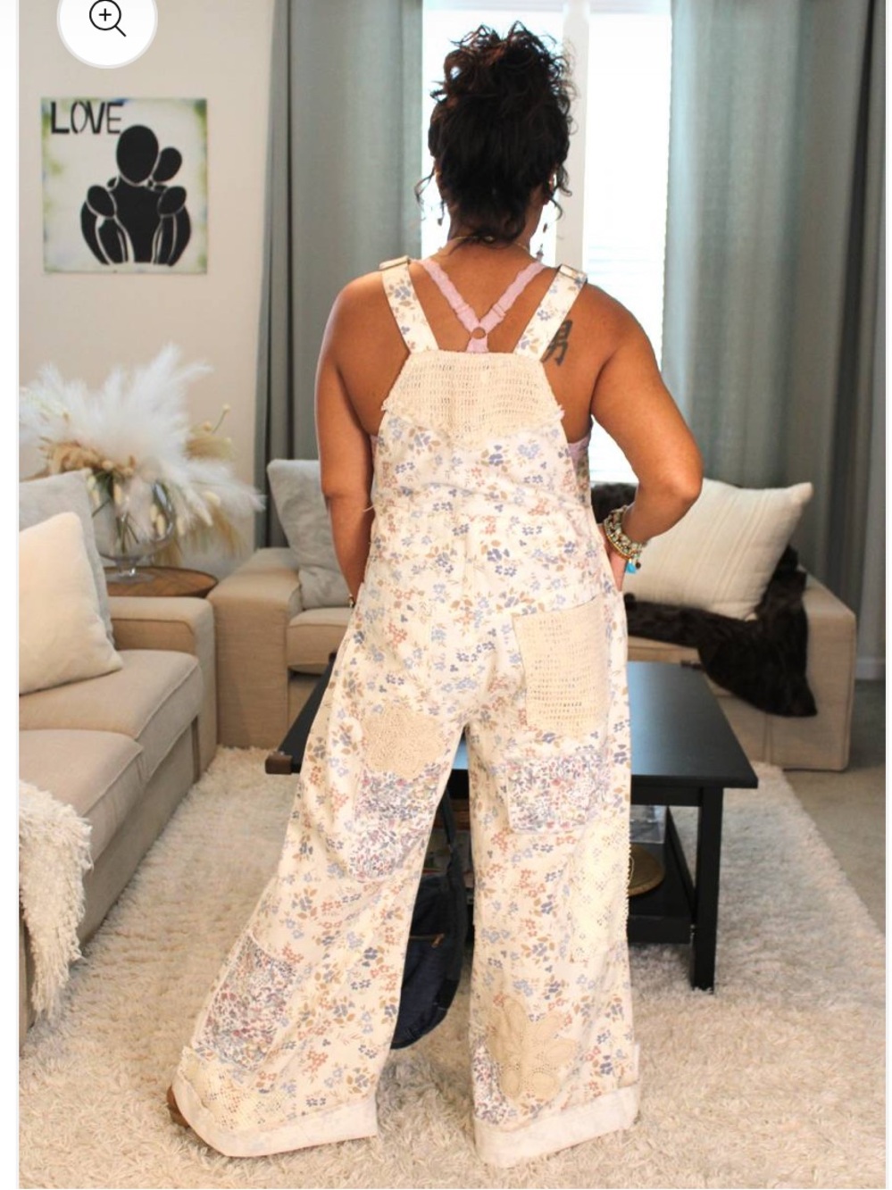 NWT POL Touch of Flowers Crochet Patch Overalls, Cream Floral Patchwork - Picture 15 of 15